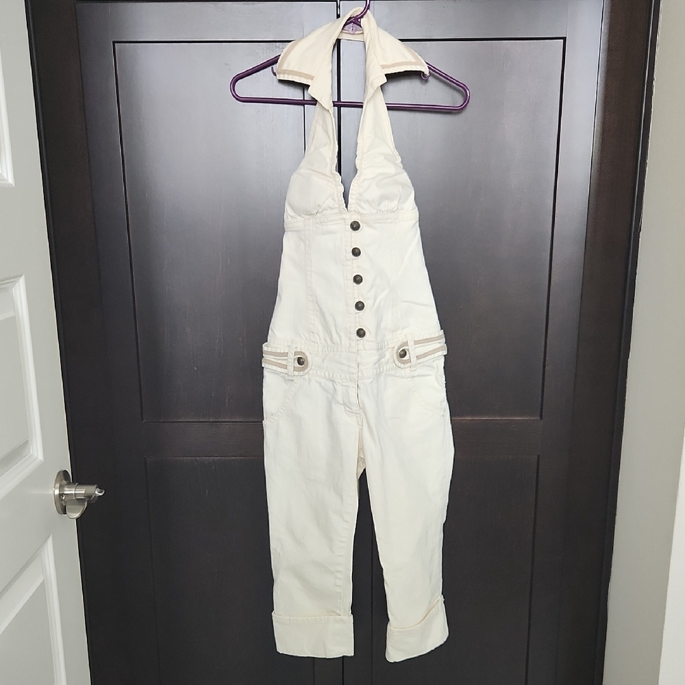 Cream Halter Jumpsuit with Button Details